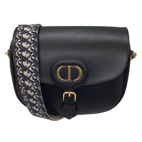 CHRISTIAN DIOR BLACK / BLUE DIOR OBLIQUE EMBROIDERED SHOULDER STRAP CALFSKIN LEA - Picture 1 of 9